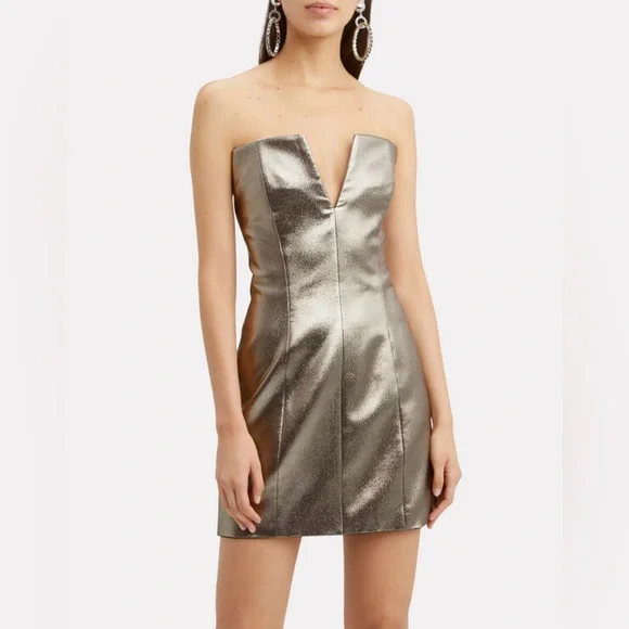 Redemption Gold Lamé Strapless Mini Dress Metallic Shimmer w/ Inner Lining - Picture 1 of 16